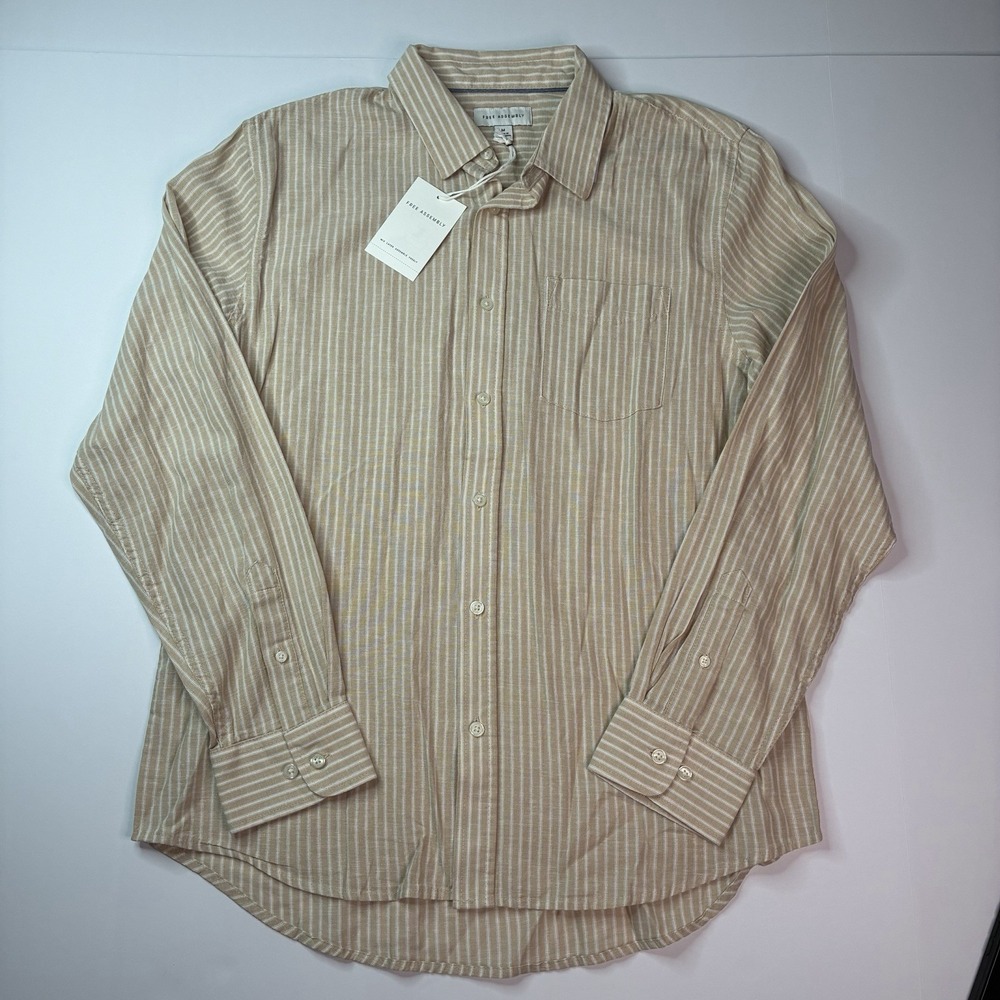 NWT Free Assembly Men's Long Sleeve Linen Blend Shirt Size M` Medium Tan Striped